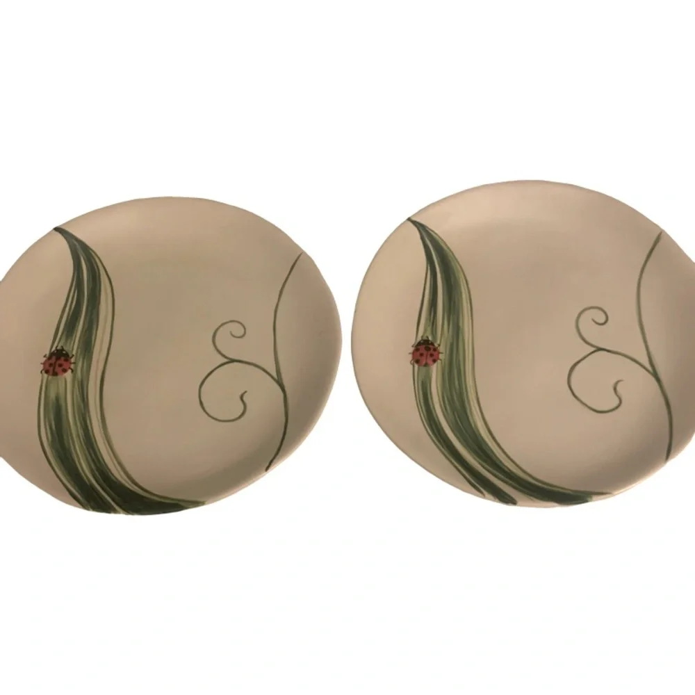 NWT Set/2 Pier 1 Imports Ladybug Hand Painted Salad Dessert Plates 8.5